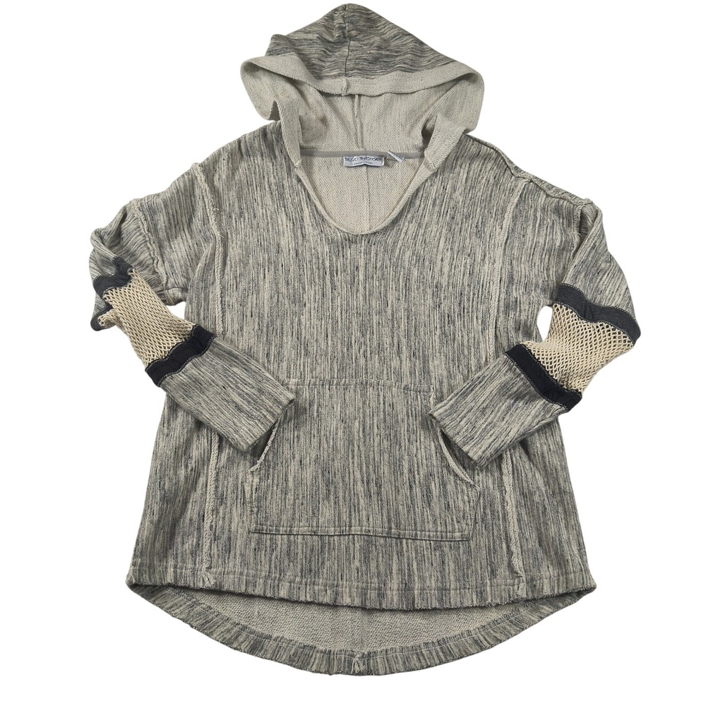 Bleu Bayou Hooded Sweater Top Gray Long Sleeve Mesh Detail Boho Casual Pullover